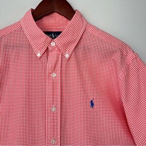 VTG Polo Ralph Lauren Mens L Pink Gingham Plaid Short Sleeve Shirt Resortwear